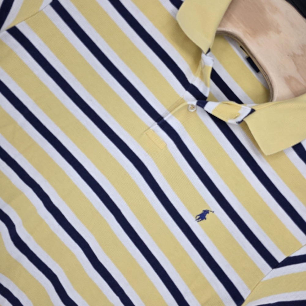Polo Ralph Lauren Mens Medium Yellow Blue Striped Short Sleeve Polo Shirt Preppy